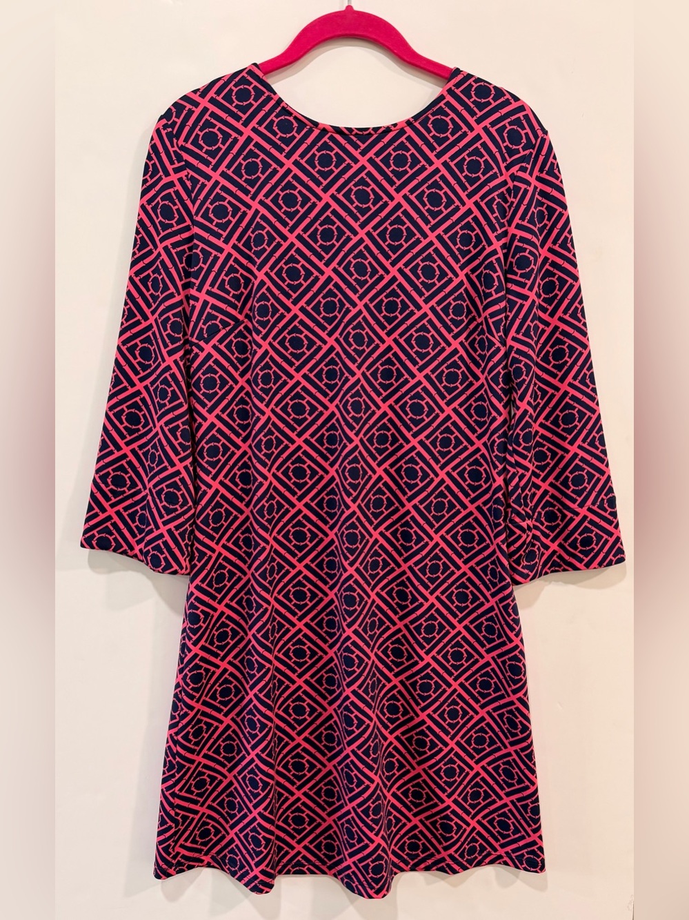 JB by Julie Brown Geometric Tile Print 3/4 Sleeve Shift Dress Pink Navy Size L